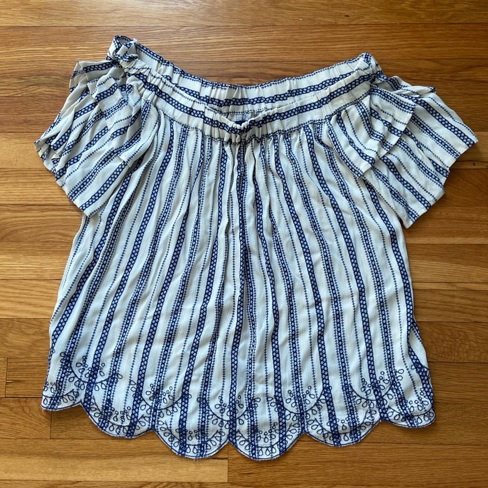 Blue Rain off the Shoulder Short Sleeve Top. Size S